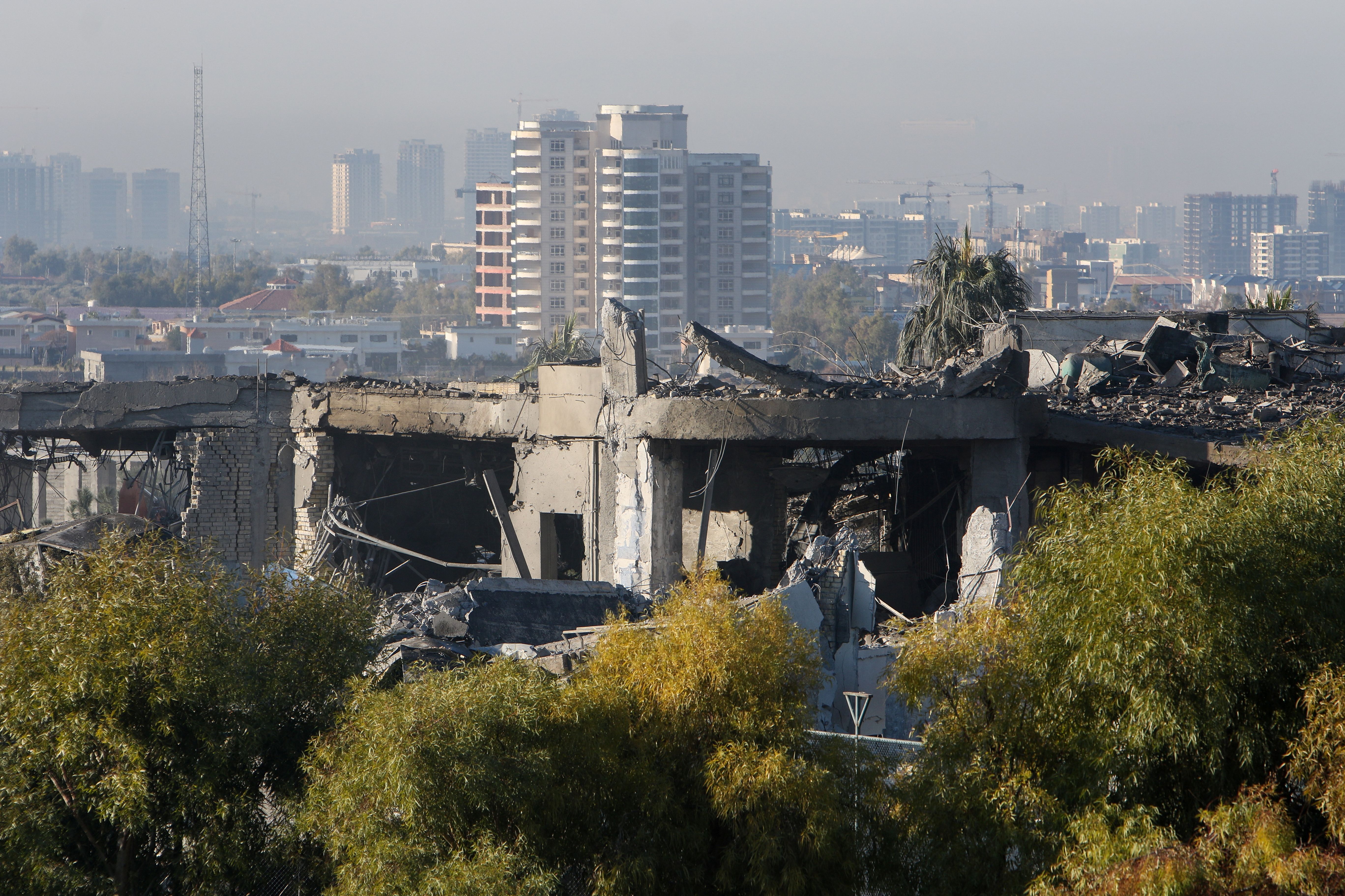 A view of a damaged building following missile attacks, in Erbil, Iraq, January 16, 2024. 
