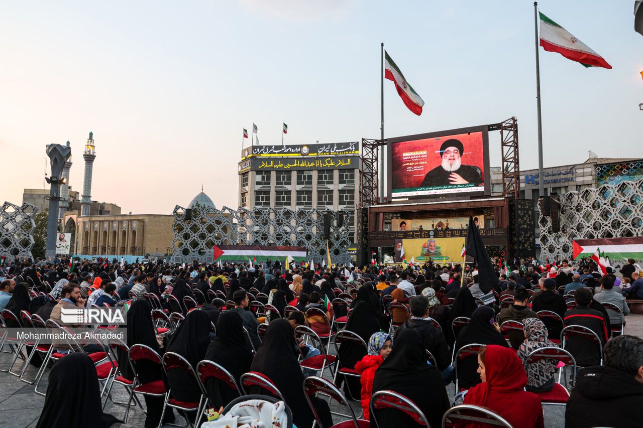 Iranians during a gathering to watch Lebanon's Hezbollah leader Hassan Nasrallah's address in Tehran, November 3, 2023     