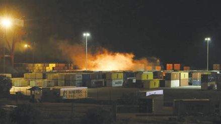 A fire in a container storage area caused by an Israeli air strike on the Syrian port of Latakia