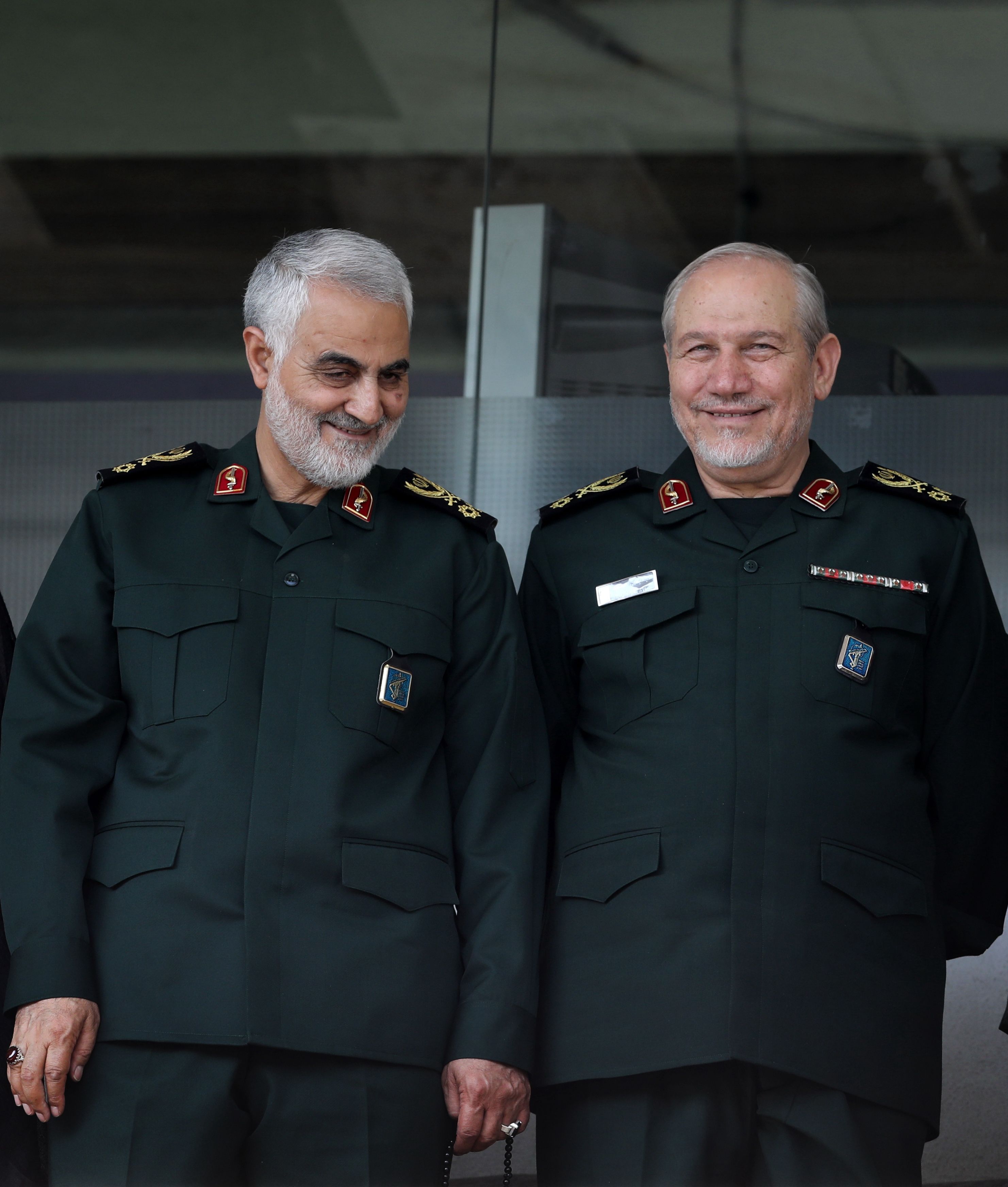 Slain Revolutionary Guards’ Quds Force Commander Qasem Soleimani (left) and Yahya Rahim Safavi, the top military advisor of Iran Supreme Leader, at an IRGC event at Tehran’s Azadi stadium in October 2018 