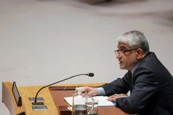 Permanent Representative of Iran to the United Nations, Amir Saeid Iravani, speaks during a meeting of the Council on Syria at UN headquarters in New York City, US, December 3, 2024.