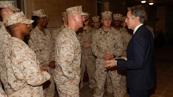US Secretary of State Antony Blinken visiting troops in Iraq on November 5, 2023