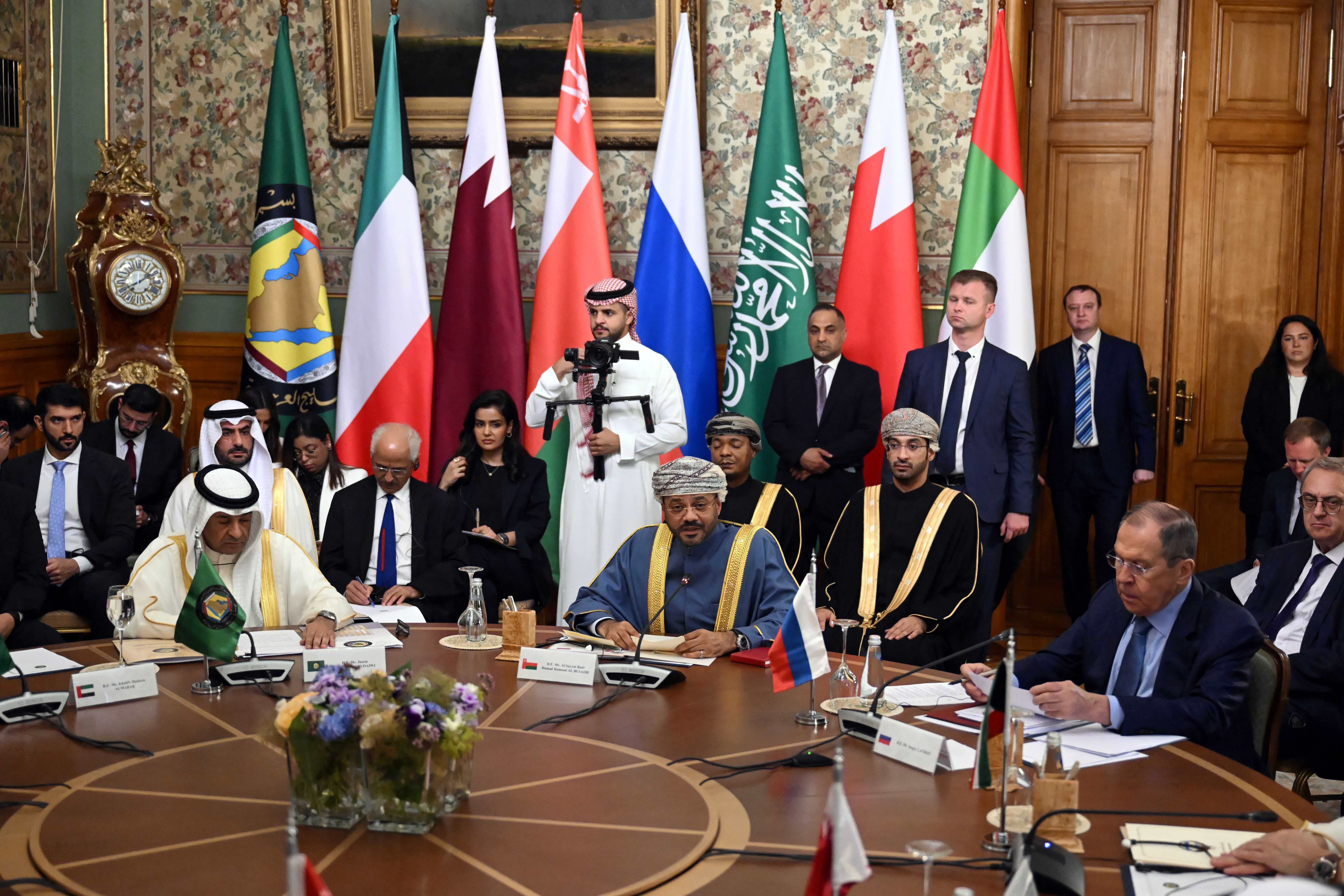 Oman's Foreign Minister Sayyid Badr bin Hamad bin Hamood Albusaidi attends a meeting of Russian Foreign Minister Sergei Lavrov and his counterparts of the Persian Gulf Cooperation Council (GCC) member states and the GCC secretary general in Moscow on July 10, 2023.