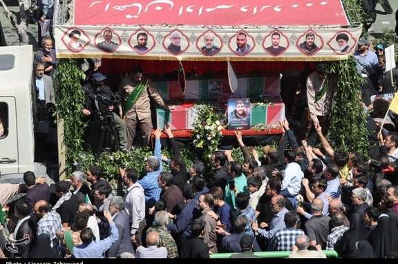 Coffins of some of IRGC-Quds officers killed in an Israeli airstrike on the Iranian consulate in Damascus during their funeral procession in Tehran on April 5, 2024