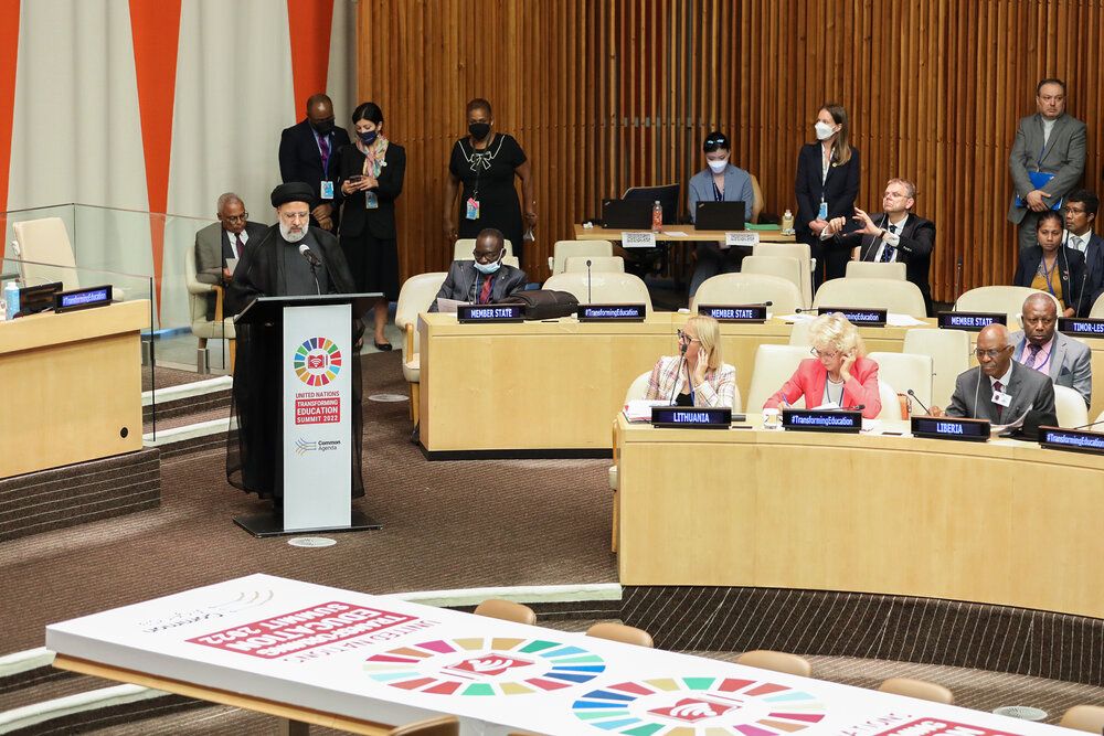 Iran's President Ebrahim Raisi while delivering a speech at the Transforming Education Summit in New York, 2022
