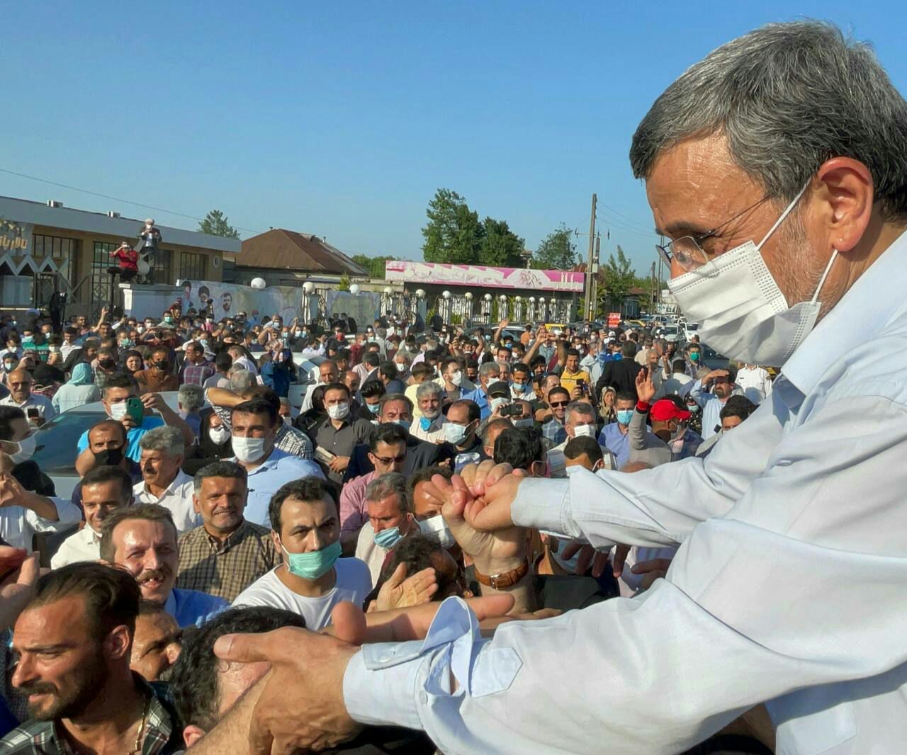 Former president Mahmoud Ahmadinejad meeting provincial supporters in Fras in May 2021