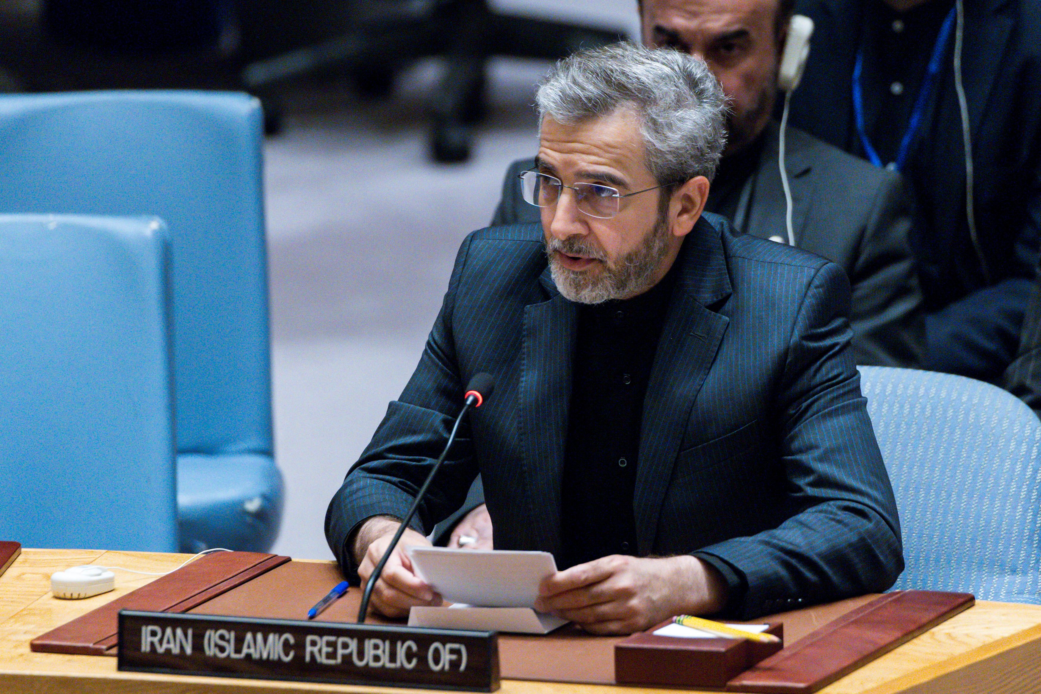 Iran's acting foreign minister Ali Bagheri Kani speaks to delegates during a meeting of the United Nations Security Council at the United Nations Headquarters in New York City, U.S., July 16, 2024. 