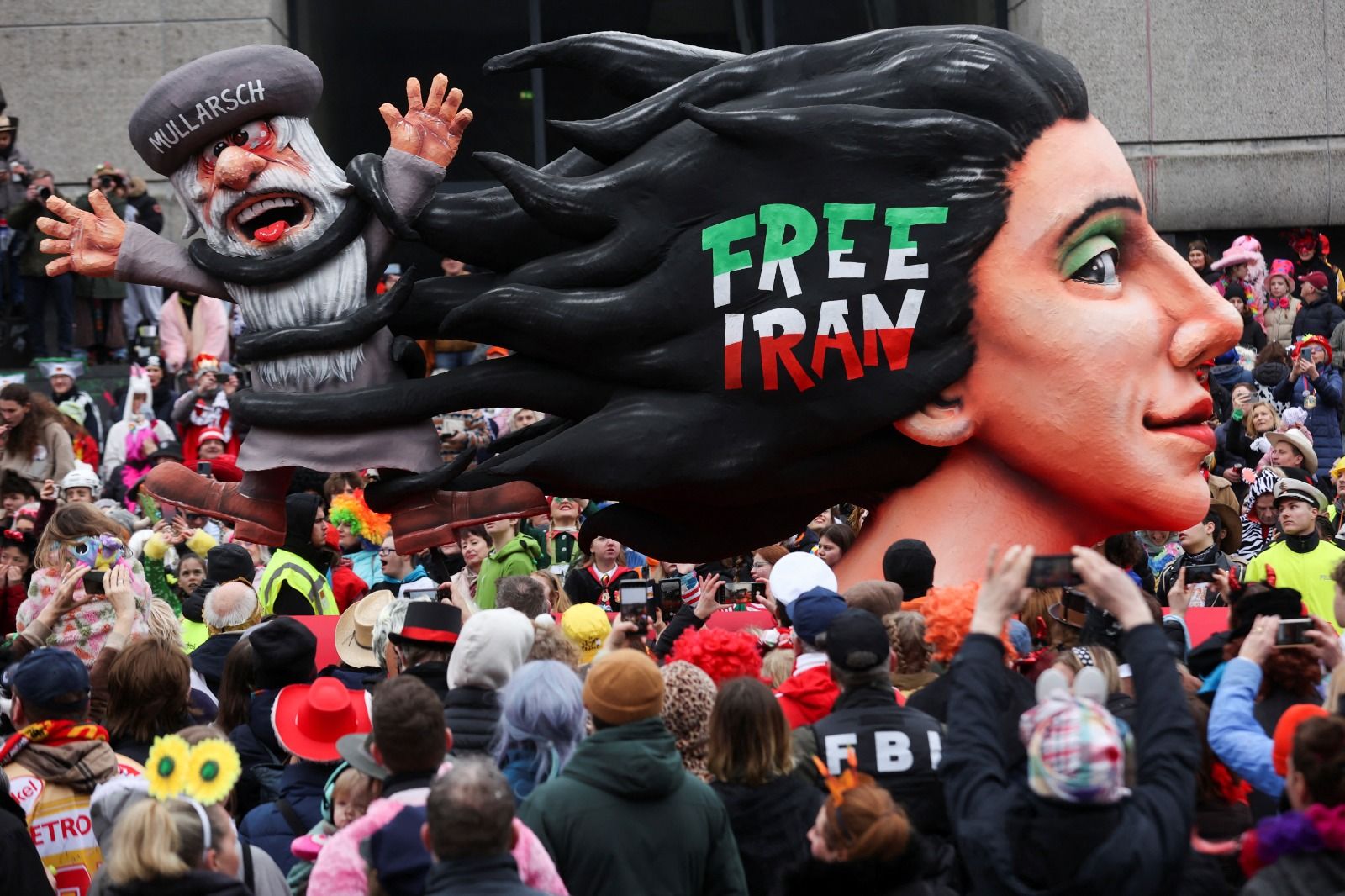A carnival float depicting "Free Iran" is seen at the 'Rosenmontag' (Rose Monday) carnival parade in Duesseldorf, Germany, February 20, 2023
