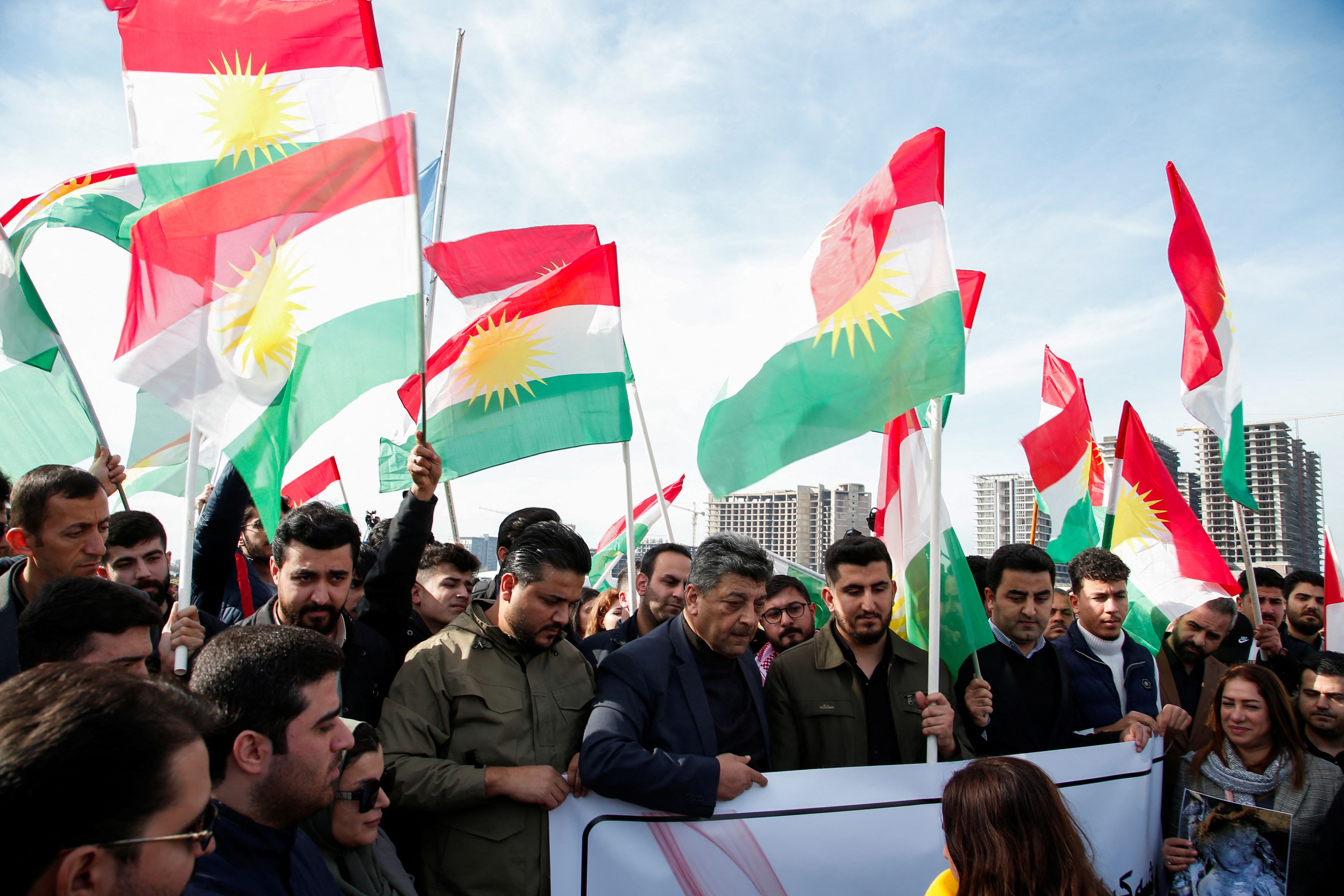 People demonstrate in front of the United Nations headquarters, following missile attacks by Iran's Revolutionary Guards, in Erbil, Iraq, January 16, 2024. 