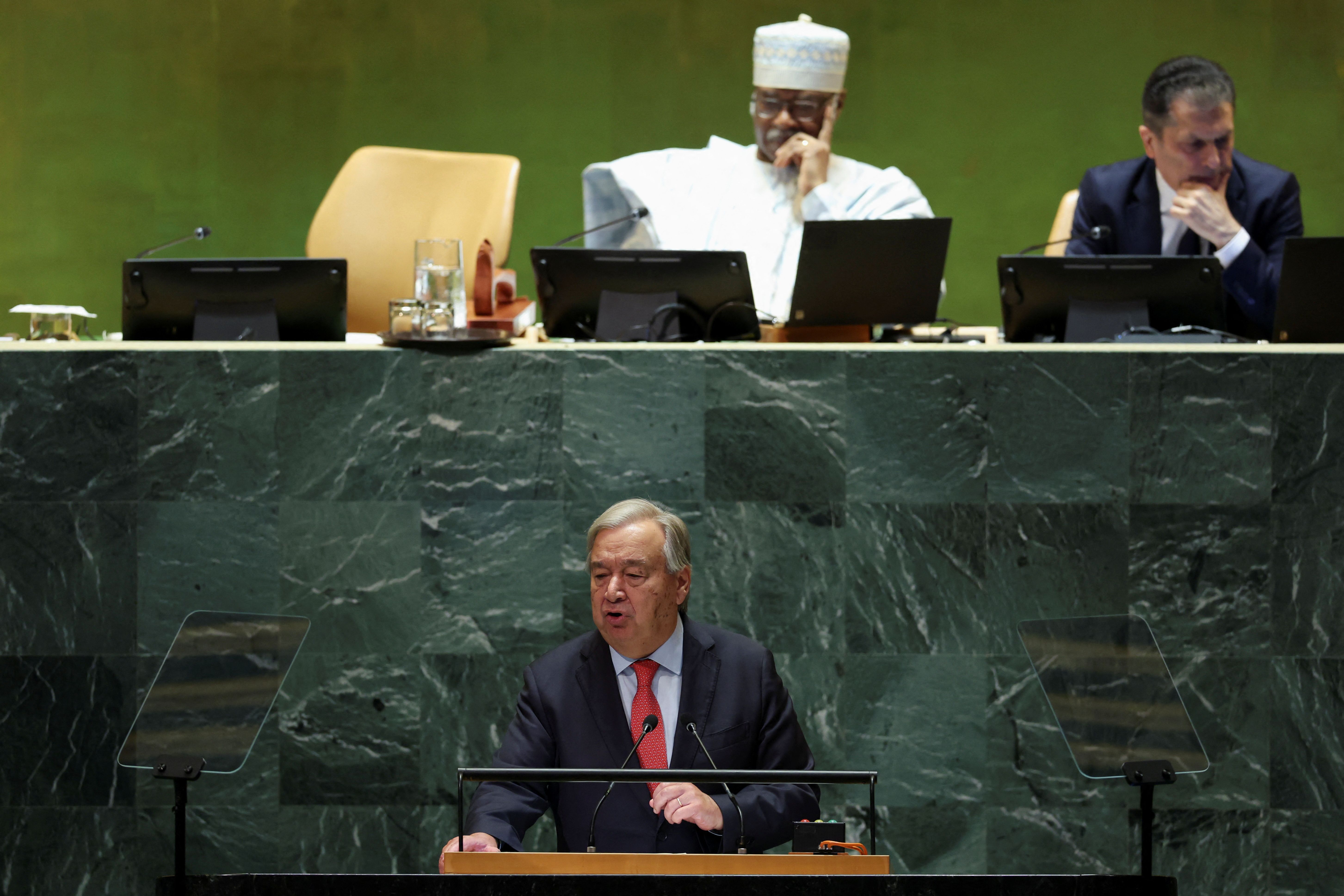 United Nations Secretary-General Antonio Guterres addresses the 79th United Nations General Assembly at UN headquarters in New York, US, September 24, 2024. 
