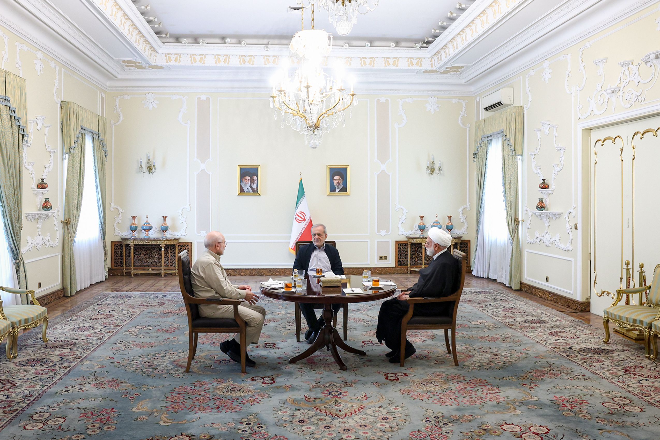 Parliament Speaker Mohammad-Bagher Ghaibaf (left), President Masoud Pezeshkian (center), Judiciary chief Gholam-Hossein Mohseni Ejei during a meeting in Tehran (September 2026) 
