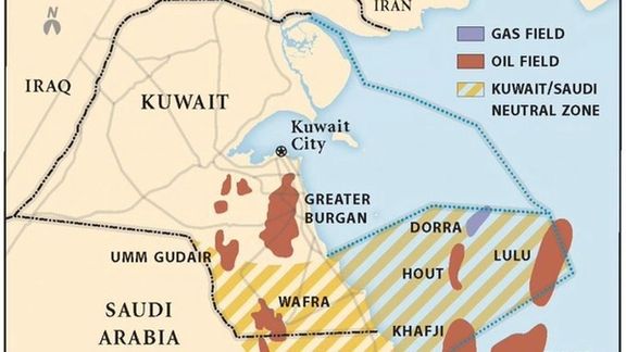 A map from Kuwait's oil ministry showing the Arash/Durra (Dorra) oil and gas field near the tip of the Persian Gulf.
