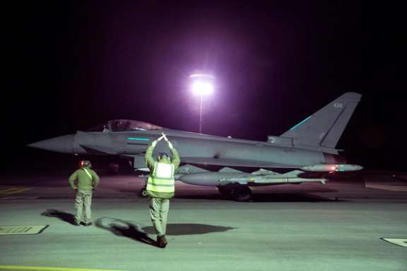 A RAF Typhoon FGR4 aircraft takes off to conduct further strikes against Houthi targets, February 3, 2024.