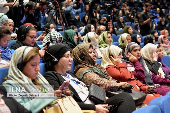 Foreign participants of an event about women in media organized by Jamileh Alamolhoda, President Ebrahim Raisi’s wife, in Mashhad in September 2023