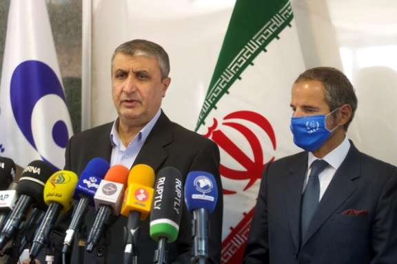 Iran's nuclear chief Mohammad Eslami speaking after a meeting with IAEA director Rafael Grossi in 2021