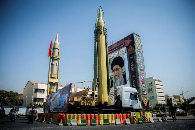 A display featuring missiles and a portrait of Iran's Supreme Leader Ayatollah Ali Khamenei is seen at Baharestan Square in Tehran, Iran September 27, 2017.