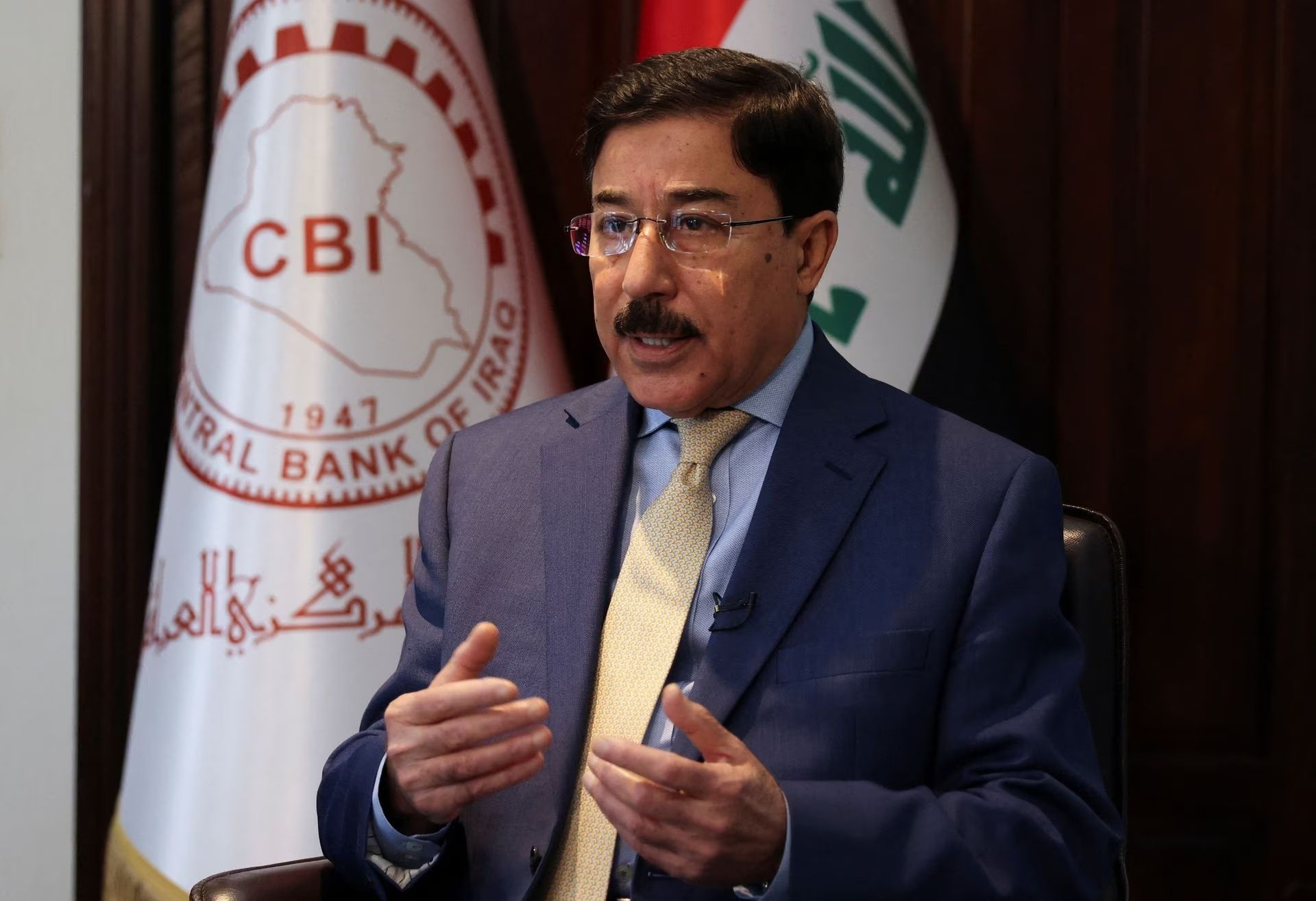 Iraqi central bank (CBI) Governor Ali Al-Allaq speaks during an interview with Reuters in Baghdad, Iraq August 15, 2023.
