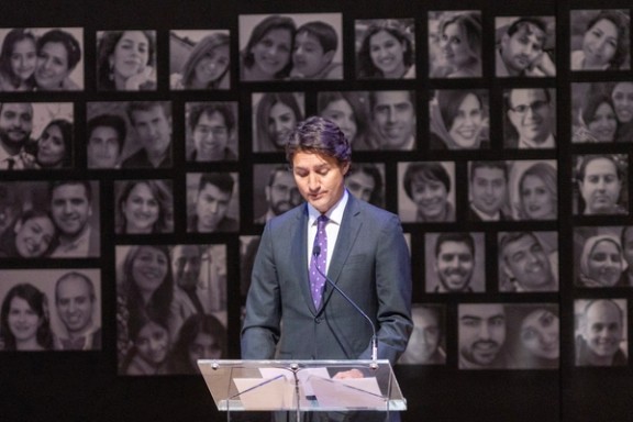 Canadian Prime Minister Justin Trudeau delivers remarks at a ceremony marking the third anniversary of the downing of Ukrainian International Airlines Flight 752 that killed 176 people.