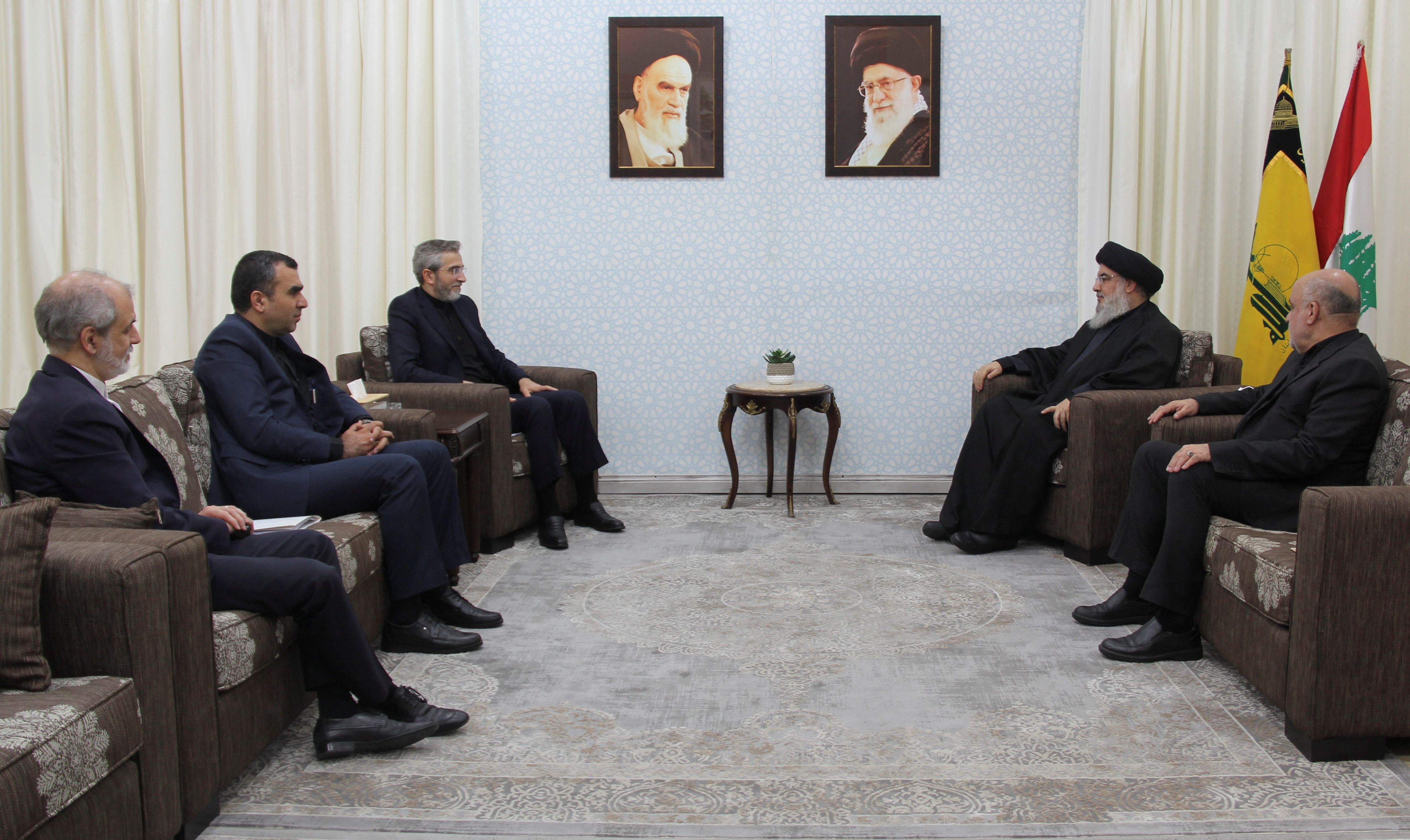 Lebanon's Hezbollah leader Sayyed Hassan Nasrallah meets with Iran's acting Foreign Minister Ali Bagheri Kani, in this handout picture released by Hezbollah Media Office on June 4, 2024, Lebanon. 