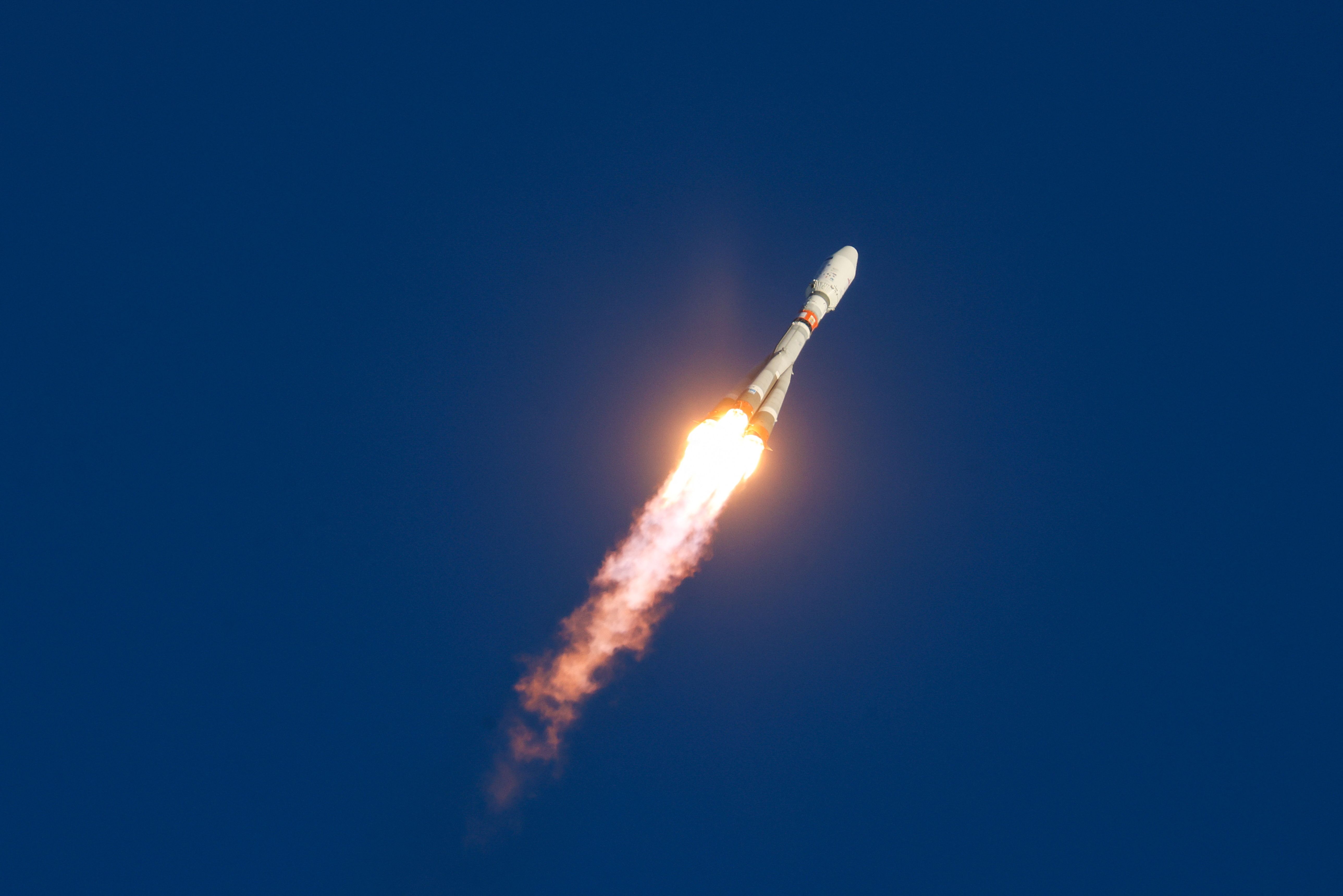 A Soyuz-2.1b rocket booster with a Fregat upper stage carrying satellites ascends after blasting off from its launchpad at the Vostochny Cosmodrome in the far-eastern Amur region, Russia November 5, 2024.