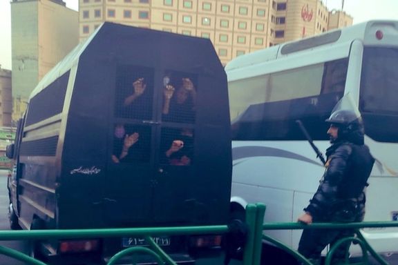 An Iranian police vehicle packed with detained protesters in September 2022
