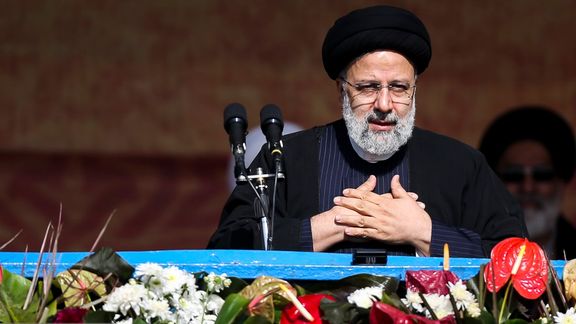 President Ebrahim Raisi during the regime-sponsored event for the anniversary of the establishment of the Islamic Republic