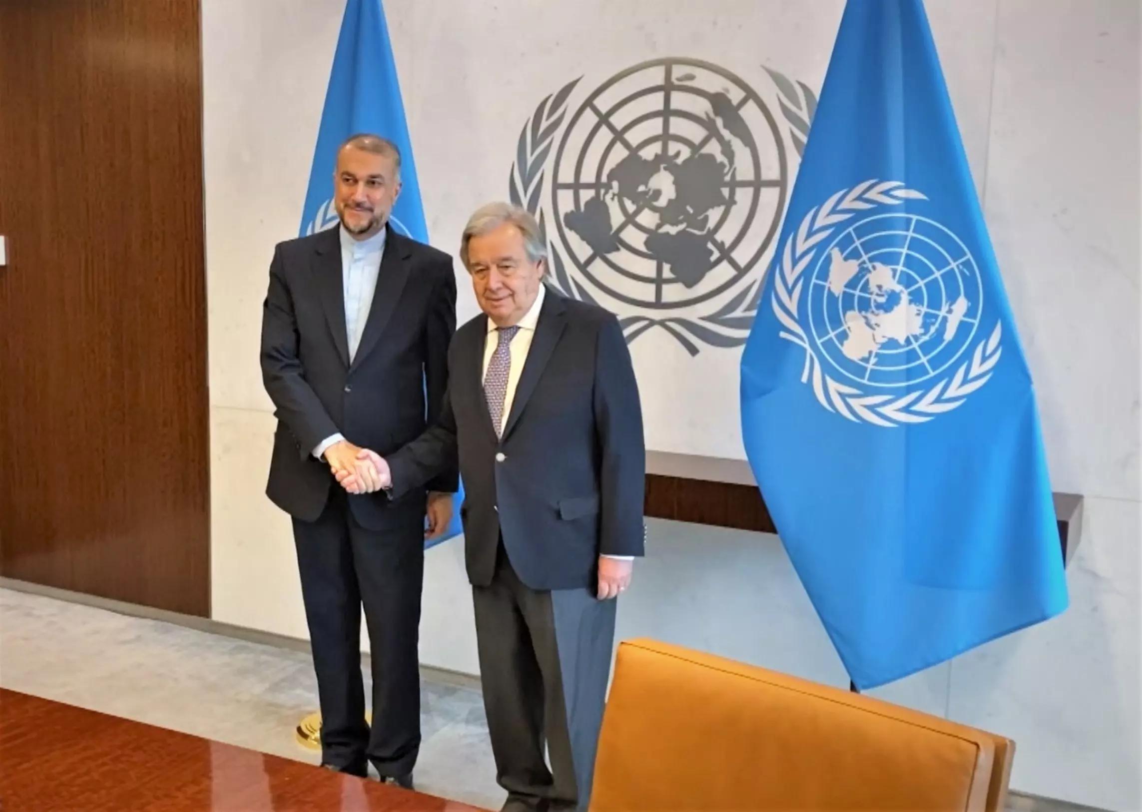 Hossein Amir-Abdollahian (left), Minister for Foreign Affairs for the Islamic Republic of Iran, meets with Antonio Guterres, Secretary-General of the United Nations, United Nations Headquarters, NY October 27, 2023.