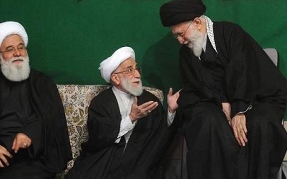 Ayatollah Ahmad Jannati (center) with Supreme Leader Ali Khamenei (right) and Ahmad Alamolhoda, Khamenei’s representative in Mashhad (undated)