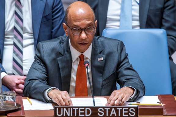 US diplomat in the United Nations Robert A. Wood speaks to delegates during a United Nations Security Council meeting at UN, New York, April 2, 2024.