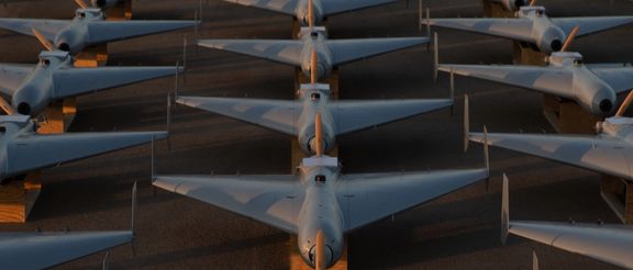 A row of US LUCAS one-way attack drones are shown in an image released by CENTCOM on December 3, 2025.