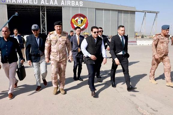 Iraqi National Security Advisor Qasim al-Araji at the Mohammed Ala Airbase in Baghdad before heading to Erbil on September 18, 2023.