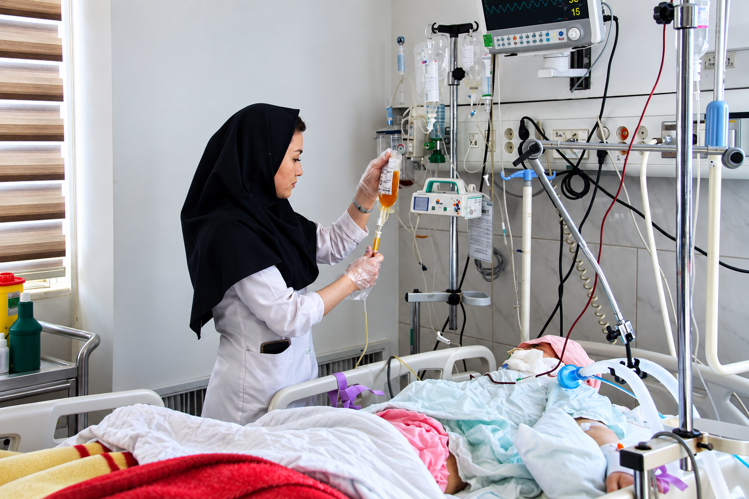 A healthcare worker tends to a patient in an intensive care unit at a hospital in Iran. (undated)