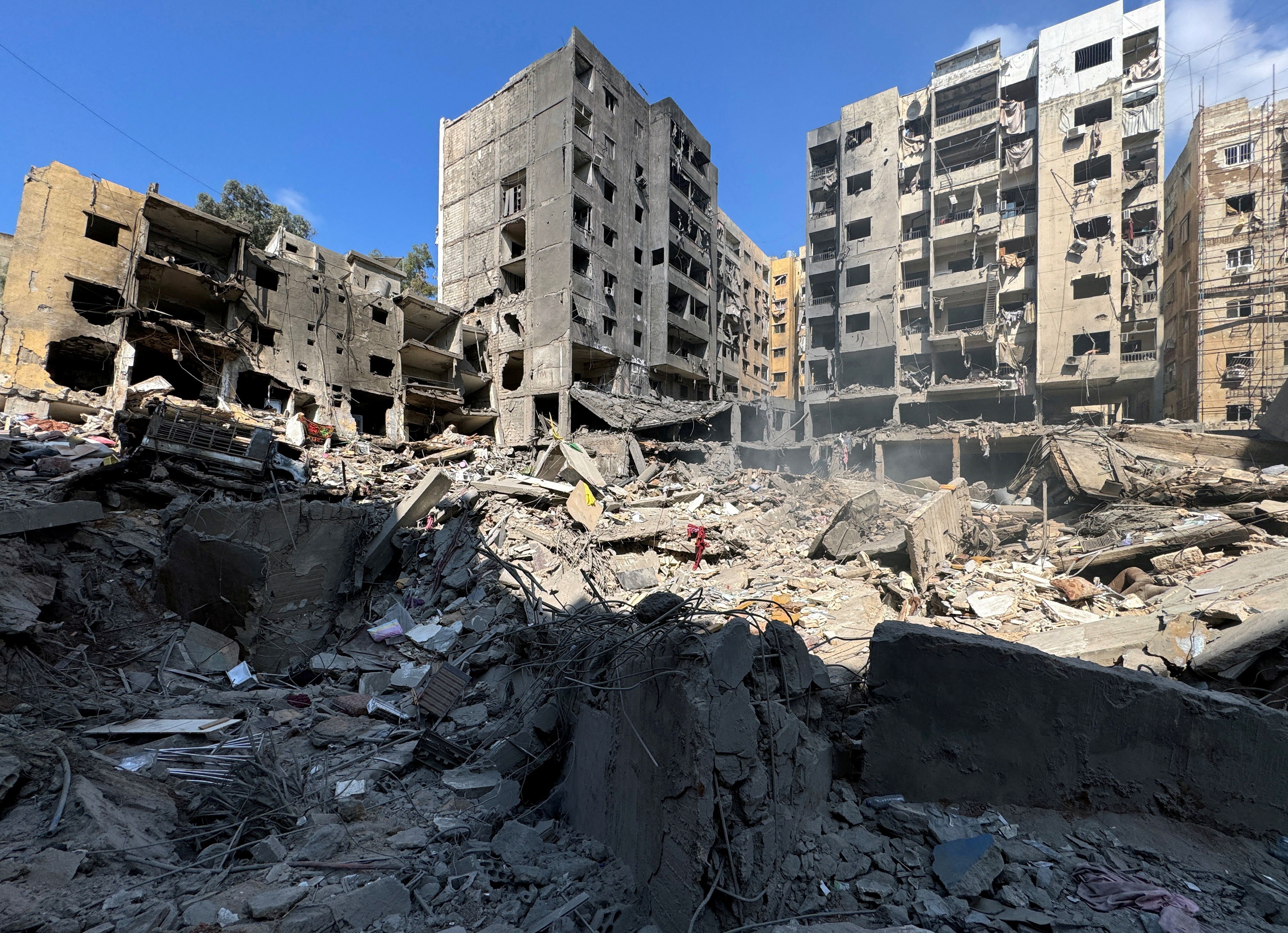 A view shows the damage at the site of the Israeli air strike that killed Lebanon's Hezbollah leader Hassan Nasrallah on Friday, in Beirut's southern suburbs, Lebanon, September 29, 2024.
