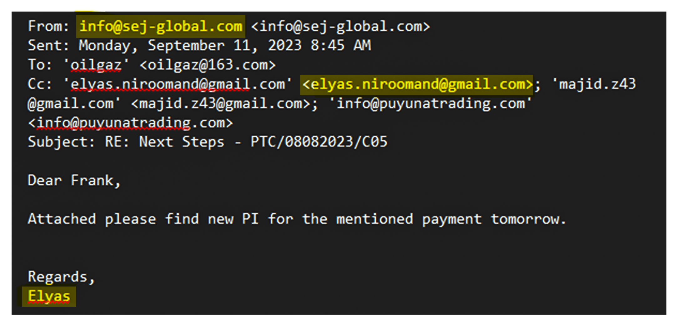 یکی از مکاتبات الیاس نیرومند توماج، از طریق ایمیل شرکت «شین روی جی » با مشتریان، با امضای الیاس که به ایمیل شخصی خود رونوشت کرده است