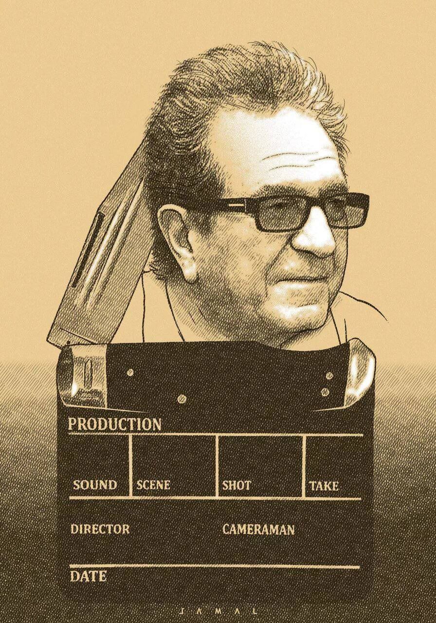 An artpiece published by Iranian daily Ham-Mihan to commemorate the death of Dariush Mehrjui 