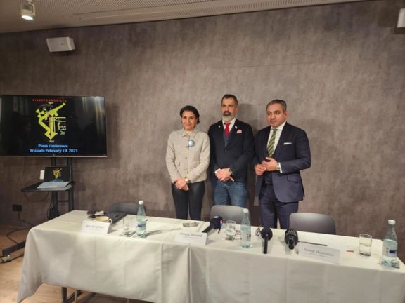 (from left to right) Member of the European Parliament Abir Al-Sahlani, member of the Swedish parliament Alireza Akhondi, and member of the Hamburg city parliament Danial Ilkhanipour at an event on February 19, the eve a rally outside the European Parliament in the Belgian capital Brussels