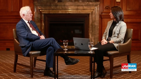 Bob Rae, the permanent representative of Canada to the United Nations (left) during an interview with Iran International’s Mahsa Mortazavi