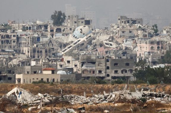 A general view of destruction in North Gaza, as seen from the Israeli side of the Israel-Gaza border, May 17, 2025.