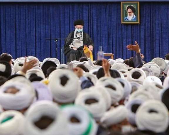 Iran’s Supreme Leader Ali Khamenei during a meeting with clerics and students of the country’s seminaries on July 12, 2023
