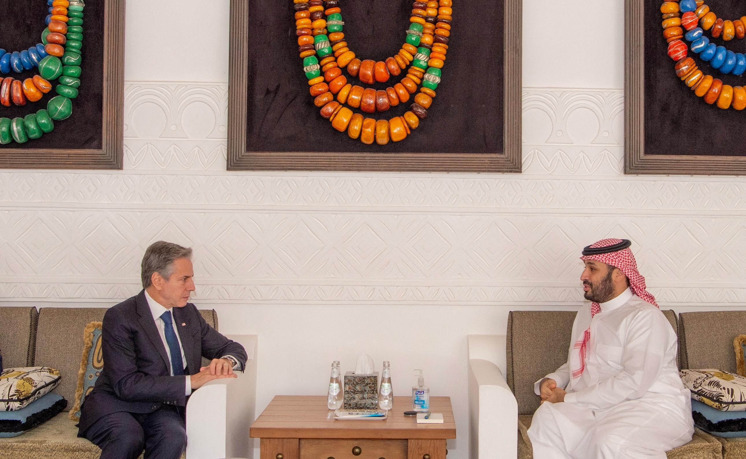 US  Secretary of State Antony Blinken meets with Saudi Crown Prince Mohammed Bin Salman in Riyadh, Saudi Arabia, October 15, 2023. 