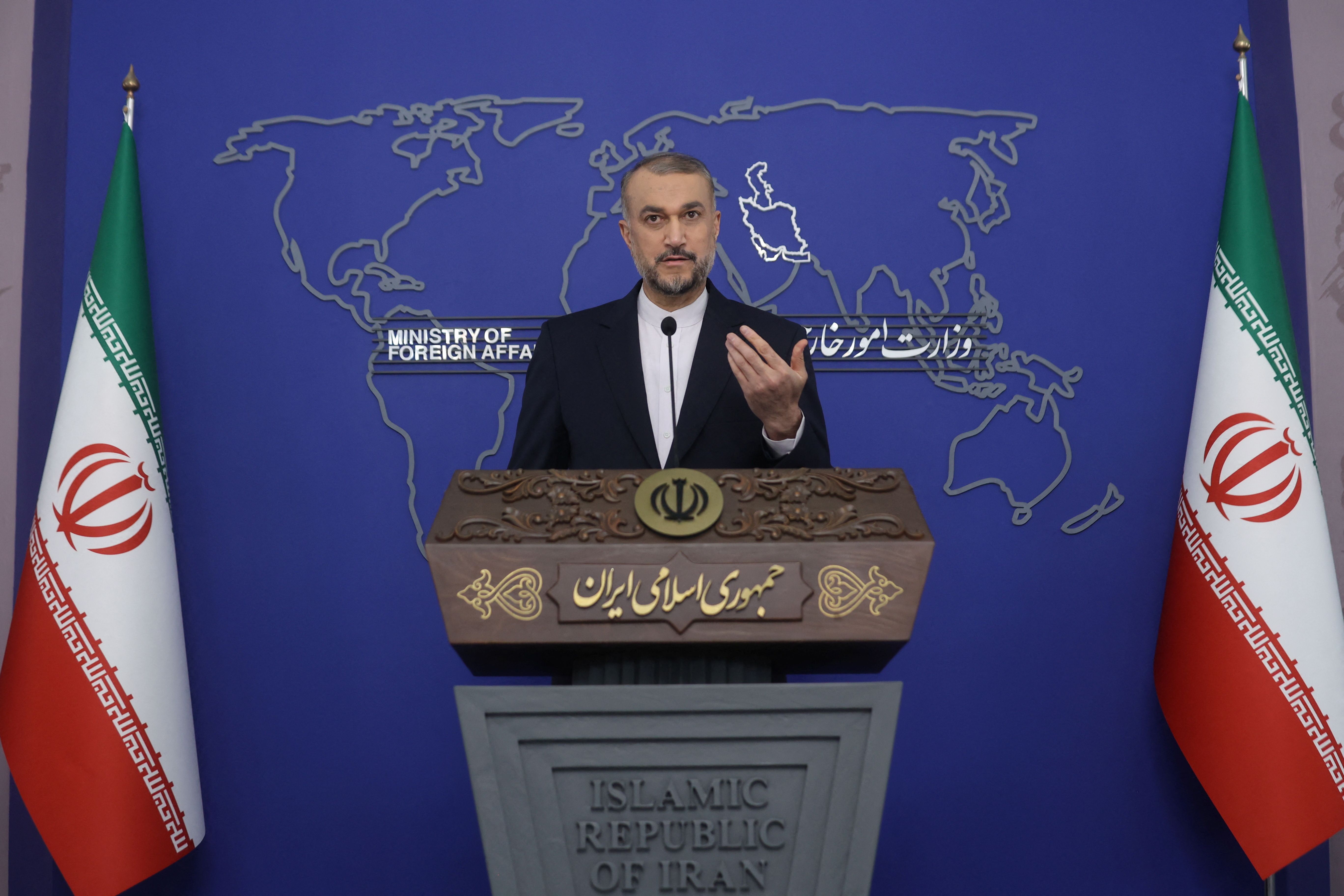 Iranian foreign minister Hossein Amir-Abdollahian during a press conference on October 23, 2023