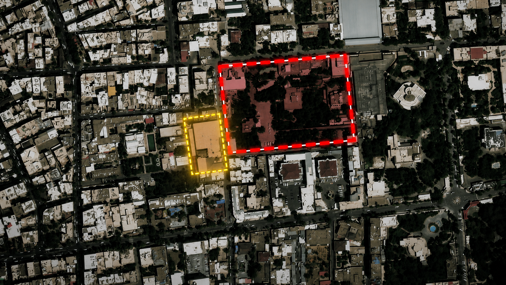 Satellite image highlighting the underground bunker complex beneath the former supreme leader's compound in central Tehran.