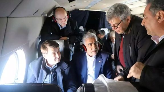Russian presidential aide and State Council Secretary Igor Levitin (left) during an aerial inspection of the Rasht-Astara rail project in northern Iran on January 18, 2023