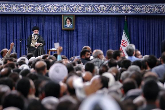 Iran’s Supreme Leader Ali Khamenei during a meeting with a group pf people from provinces of Sistan-Baluchestan and South Khorasan in Tehran on September 11, 2023