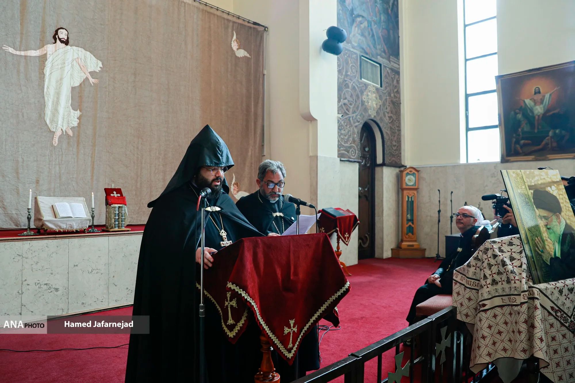 Clergy deliver remarks during a ceremony marking the 40th day since the death of Iran’s Supreme Leader Ali Khamenei at a church in Tehran on April 8, 2026.