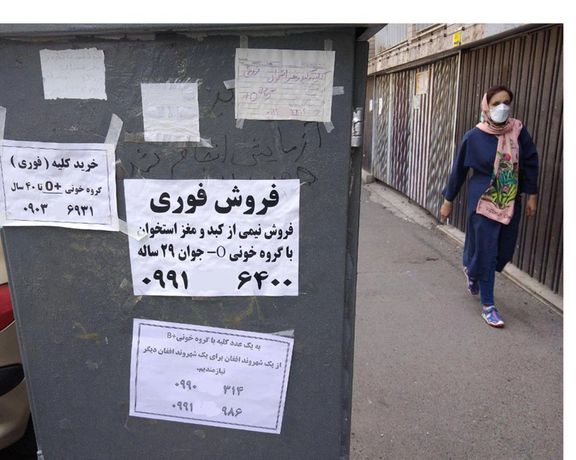 Ads on walls offering kidneys, part of liver and other organs for sale in Iran.