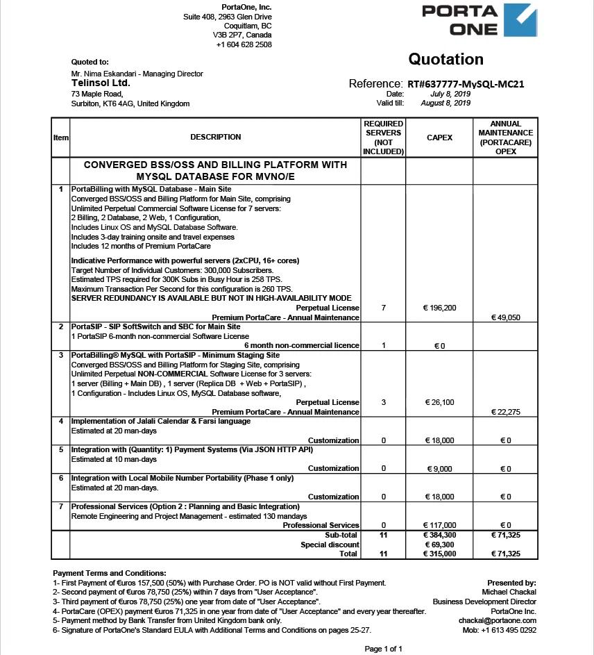Screenshot of a PortaOne commercial quotation to Telinsol