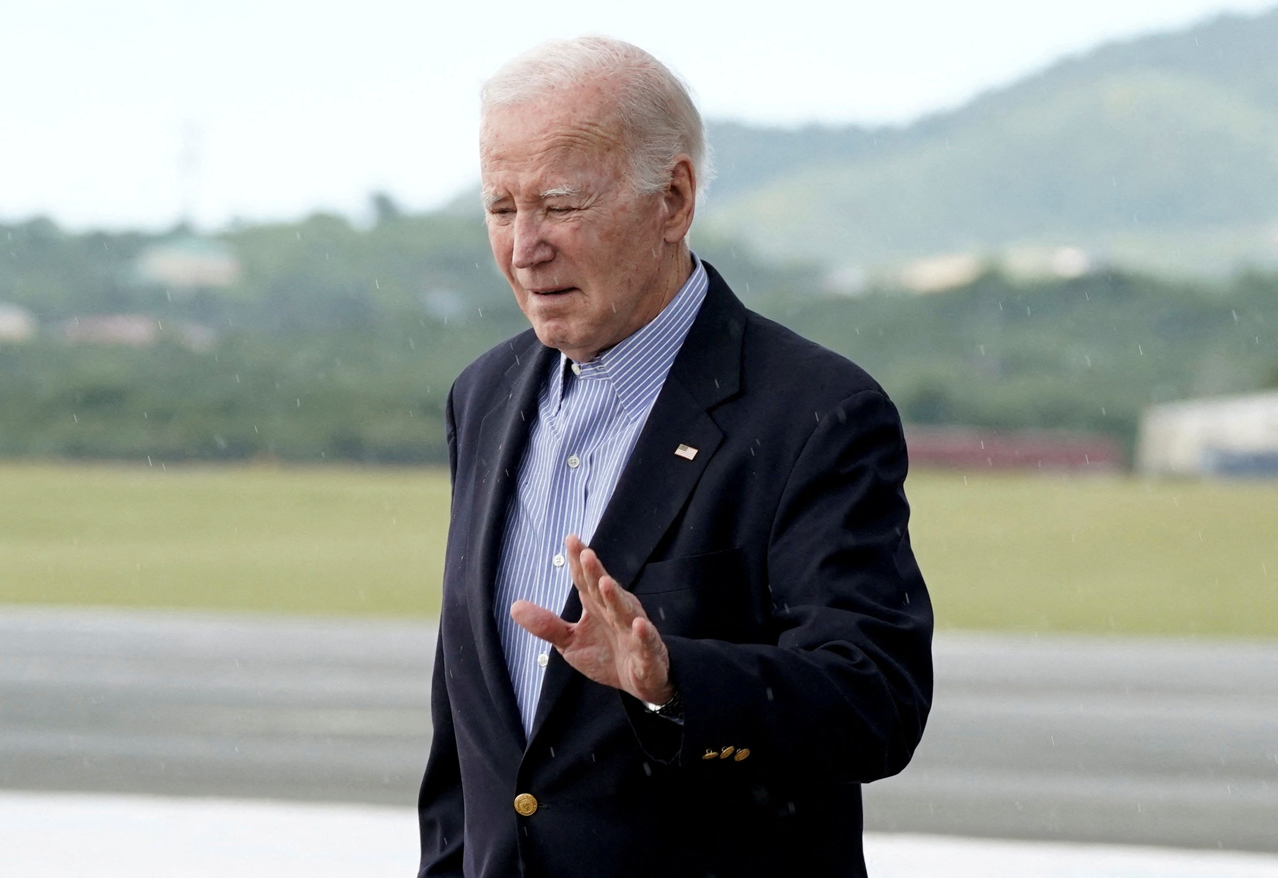US President Joe Biden arrives onboard Air Force One at Henry E. Rohlsen Airport, St. Croix, US Virgin Islands, December 27, 2023.