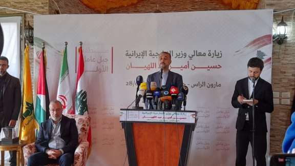 Iranian Foreign Minister Hossein Amir-Abollahian during a press conference in Lebanon on April 28, 2023