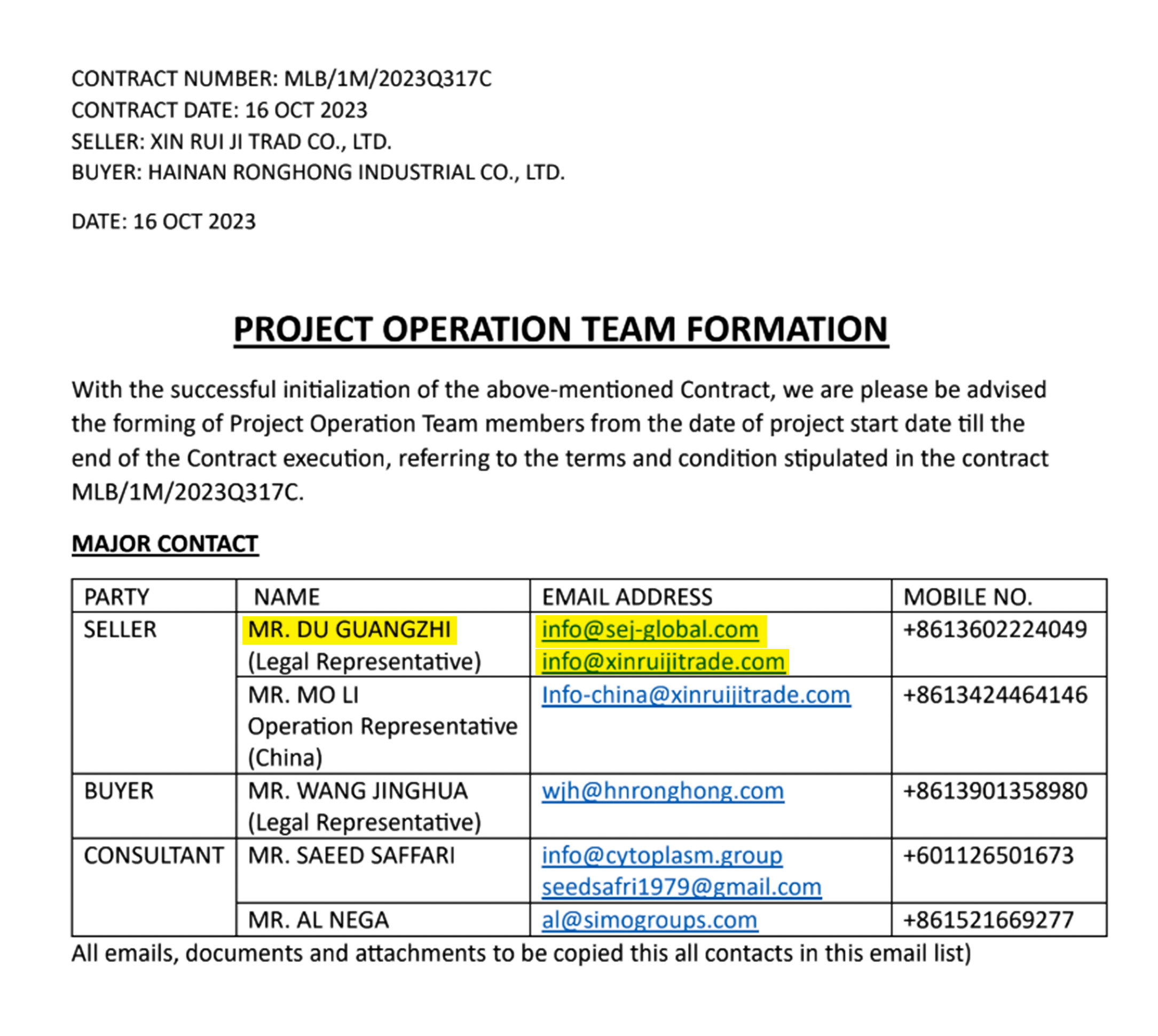 پیوست یکی از قراردادهای شرکت شی روی جی، مربوط به معرفی ایمیل‌های تماس با شرکت. علاوه بر ایمیل شین روی جی، آدرس "info@sej-global.com" متعلق به شرکت سپهر انرژی جهان نمای پارس، در تمام اسناد به عنوان ایمیل شرکت  «شین روی جی»  معرفی شده است.